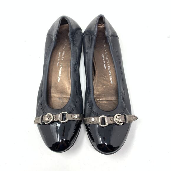 AGL Women's Size 37.5 US 7.5 Patent Cap Ballet Flats Black Round Toe Leather - Picture 3 of 6